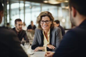 une femme européenne lors d'un webinaire, à l'aube de la cinquantaine, anime une table ronde dans un bureau moderne à paris. sa capacité à mener un dialogue perspicace témoigne de sa capacité émotionnelle à s'exprimer.