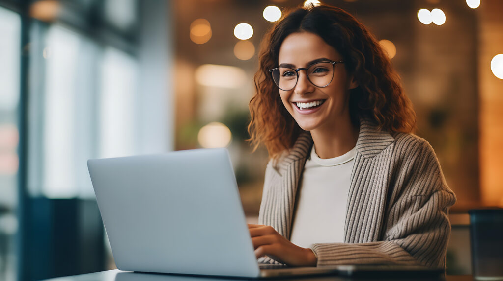 Portrait en gros plan d'une jeune femme souriante travaillant sur son ordinateur portable dans un bureau.