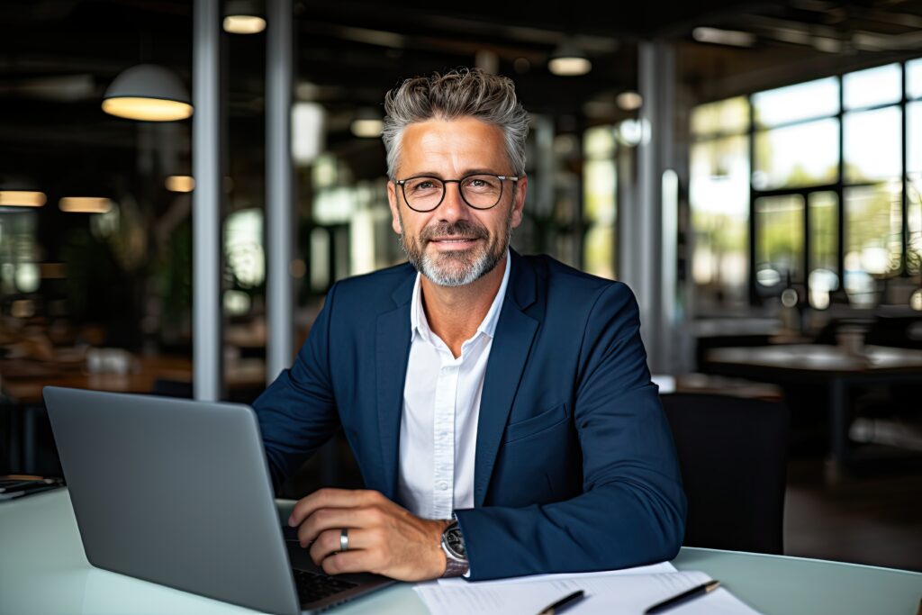 un homme de 50 ans environ, chef de projet digital souriant,. Il est assis à un bureau, devant son ordinateur et il regarde la caméra, souriant. Il a des cheveux poivre et sel, et un légère barbe de 3 jours. Il porte des lunettes?